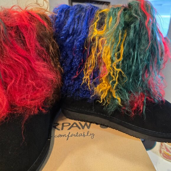 NEW BEARPAW Boo Real Lamb Fur Lined Boots "Rasta" Black / Multi Womens Size 8 - Picture 5 of 13